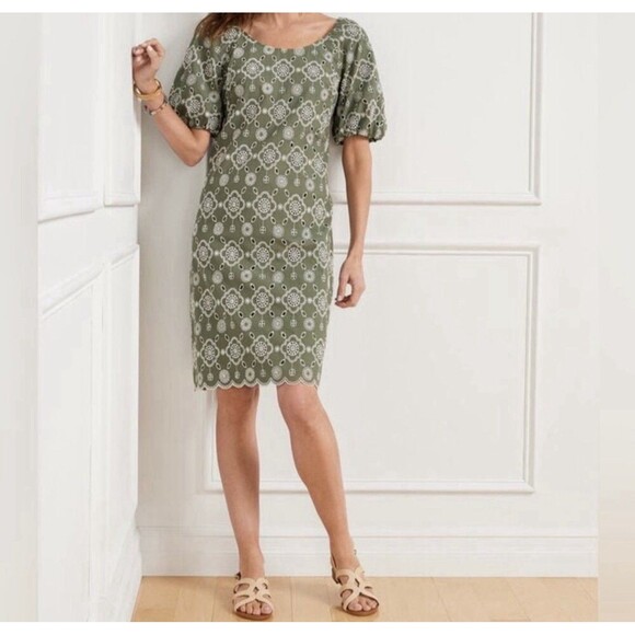Talbots Dresses & Skirts - Talbots Green Embroidered Puff Sleeve Dress Size 12 Boho Eyelet Floral Shift